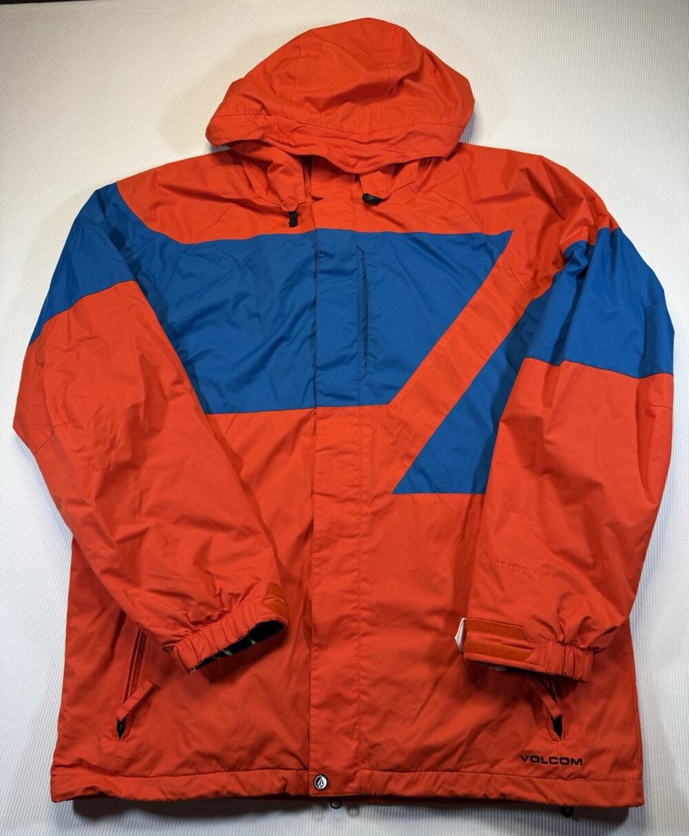 Volcom Mens L Snowboard Ski Jacket Orange Blue 10K Hooded Let It Storm Shell